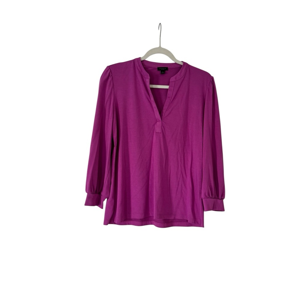 Ann Taylor Factory Magenta Purple Split Neck Puff Sleeve Knit Top Medium